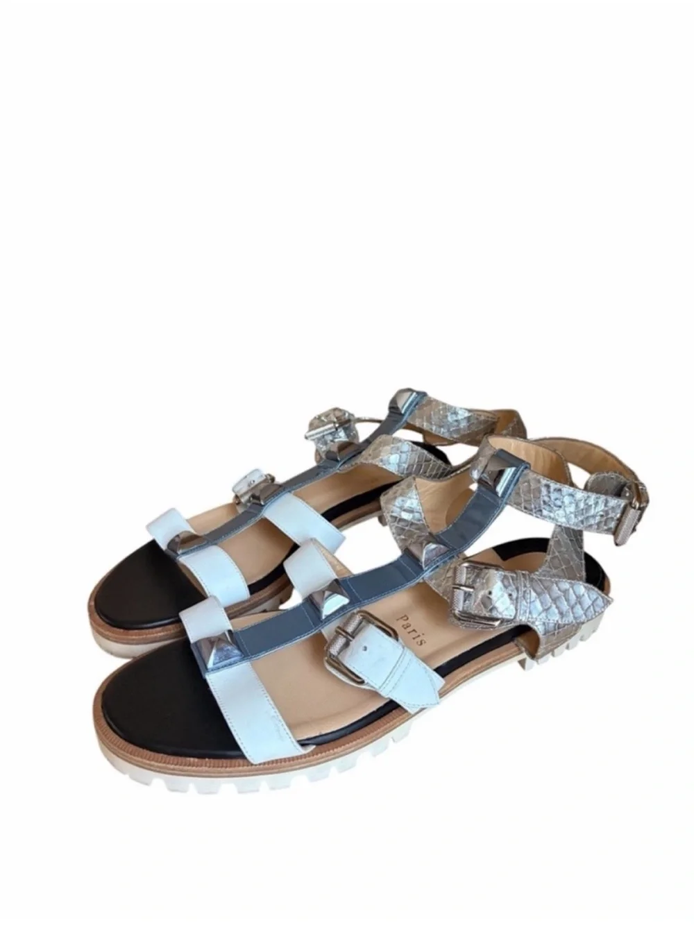 Christian Louboutin Silver & White Gladiator Sandals with Pyramid Studs